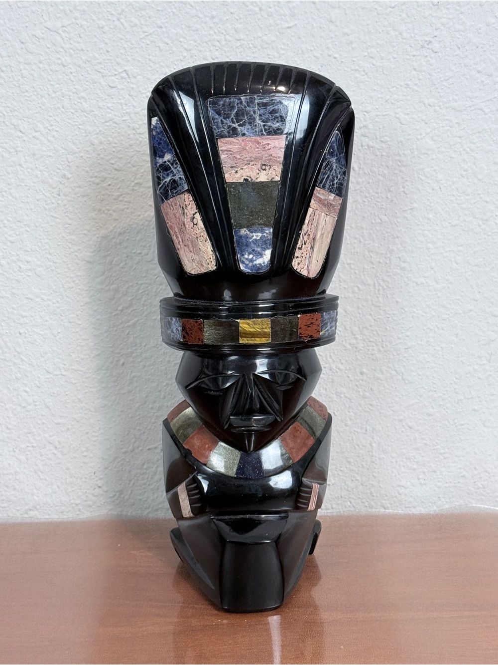 Vintage Obsidian Inca Sculpture Semi-Precious Stone Inlay Mid-Century 10.5 in